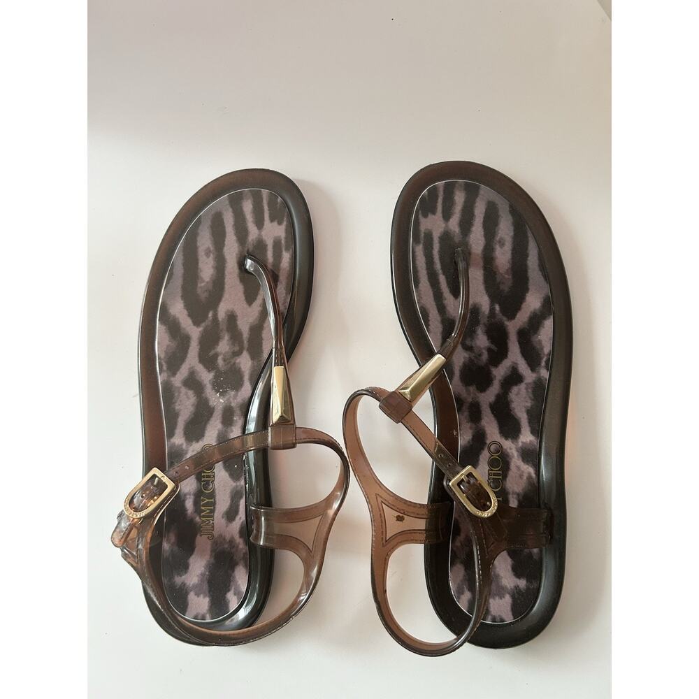 Jimmy Choo Brown Leopard Print Jelly Sandals T-Strap Flat Size 39 Made in Italy - Picture 6 of 9